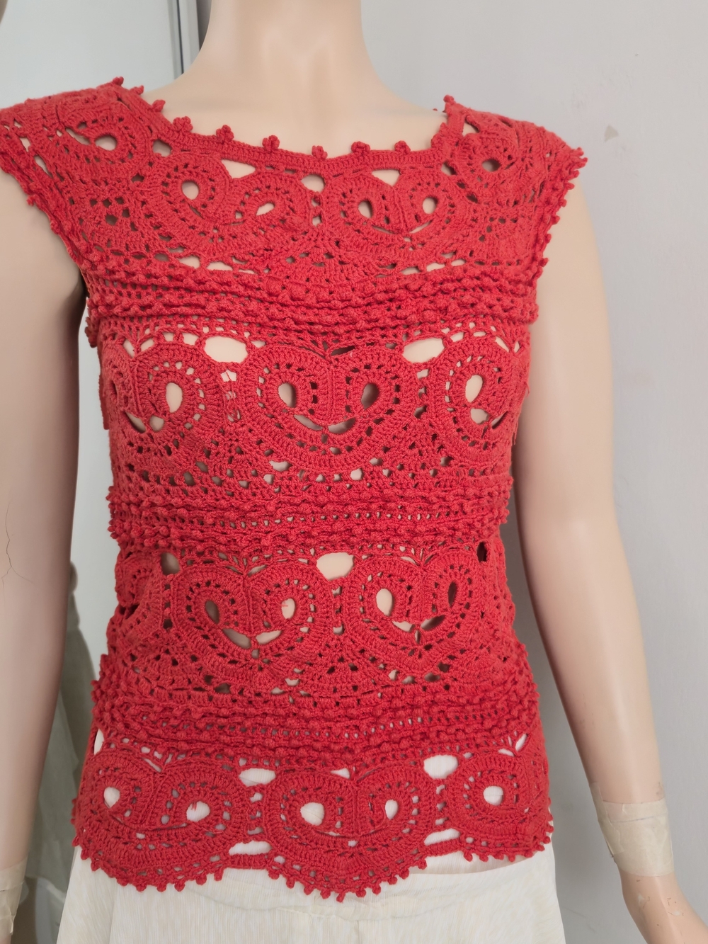 Crochet Cottom Lace Red Sleeveless Tank Top Size S